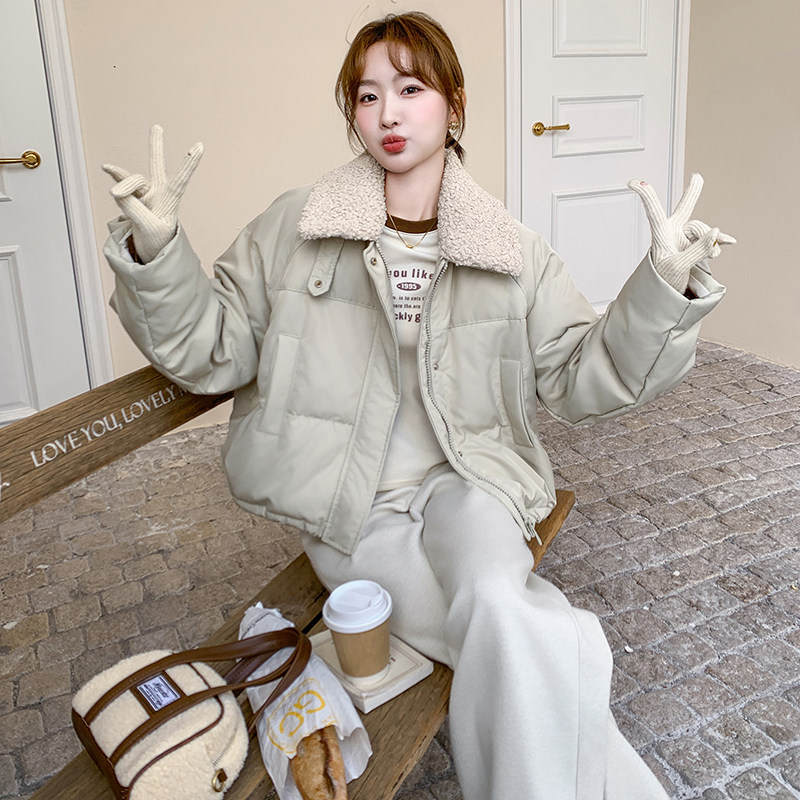 韩版保暖羊羔毛领短款羽绒服女2025年冬季新款显瘦加厚白鸭绒外套,女装羽绒服,2C236