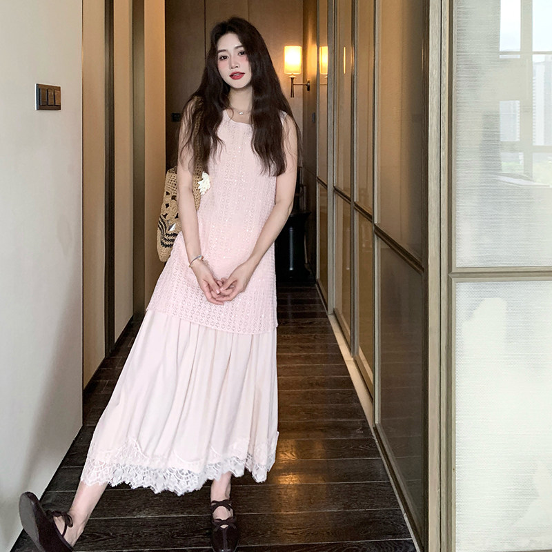 法式镂空蕾丝拼接假两件连衣裙女2025初夏新款气质感温柔无袖长裙,女装连衣裙,2D043