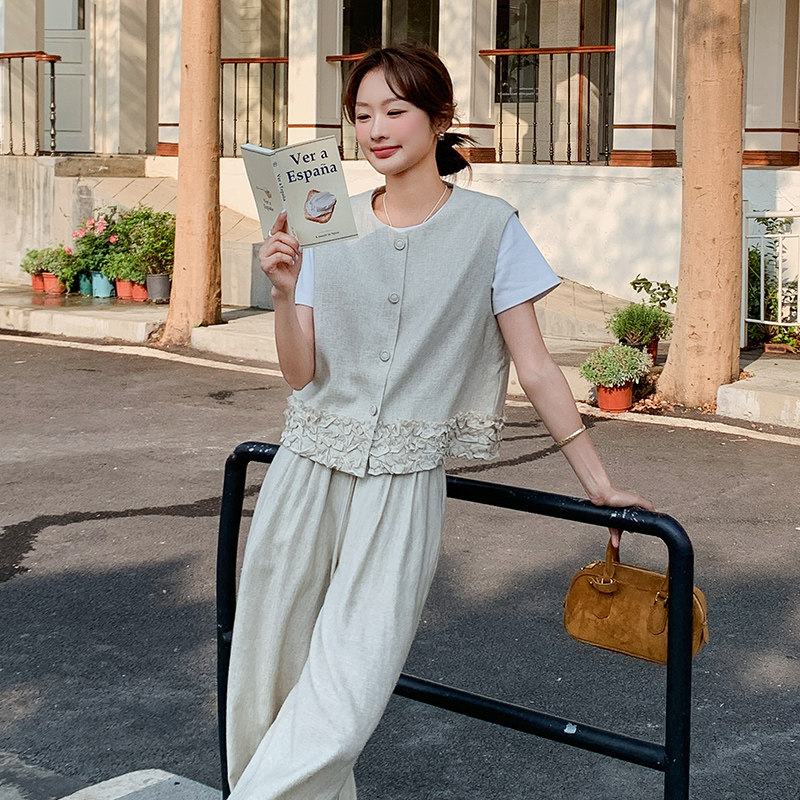棉麻马甲阔腿裤套装女夏2025新款超火大方得体穿搭又酷又飒两件套,女装套装/套裙,2C015