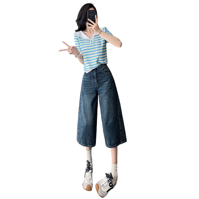 小个子时尚潮流套装女夏季洋气显瘦娃娃领条纹短袖牛仔中裤两件套,女装套装/套裙,2C310