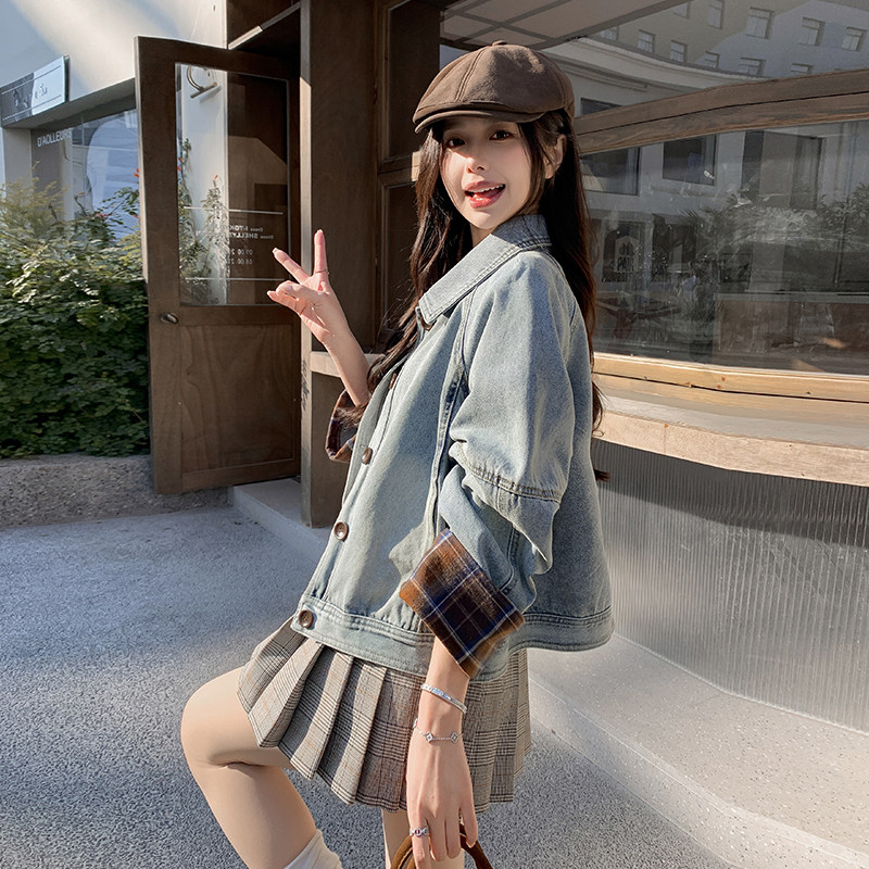 蓝色高级感格纹拼接牛仔外套女2025年秋季新款小个子翻领休闲夹克图片