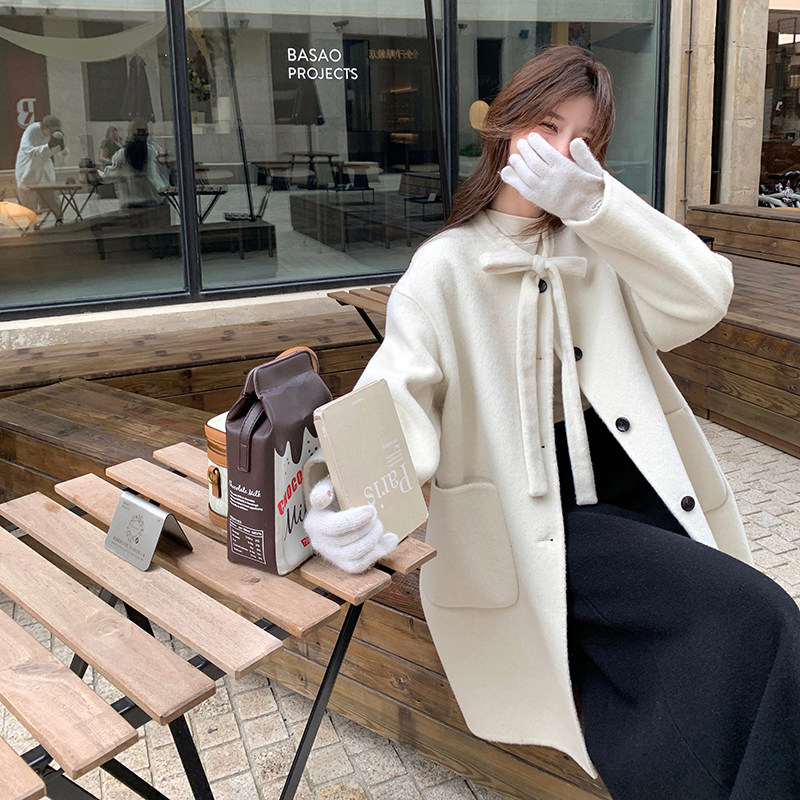 蝴蝶结双面呢羊绒中长大衣w350-p265K350,女装毛呢外套,2C298