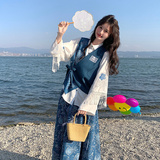 时尚穿搭一整套女2025新款设计感气质印花马甲流苏衬衫半裙三件套，女装套装/套裙，2C073
