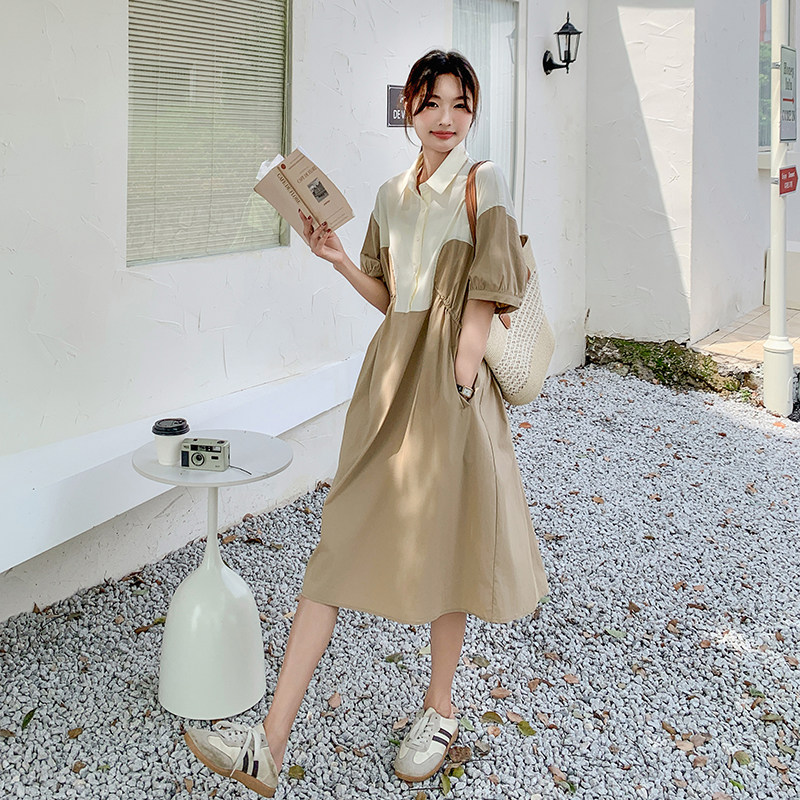 卡其色拼接连衣裙女夏新款韩版小众撞色休闲气质高级感显瘦衬衫裙,女装连衣裙,2C159