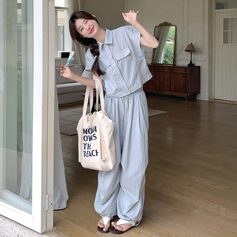 蓝色翻领短袖衬衫休闲裤套装女2025夏新款高级感显瘦阔腿裤两件套,女装套装/套裙,2C088