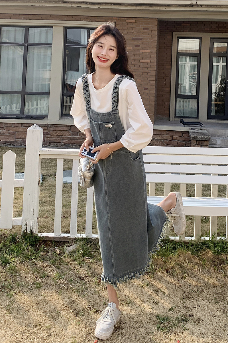 ootd穿搭独特漂亮牛仔背带连衣裙女2025超火绝美休闲工装长裙套装,女装套装/套裙,2C057