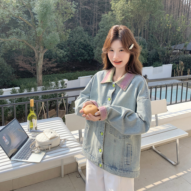 独特超好看设计感蓝色拼接牛仔外套女春秋2025高级感小众休闲夹克,女装短外套,2C266