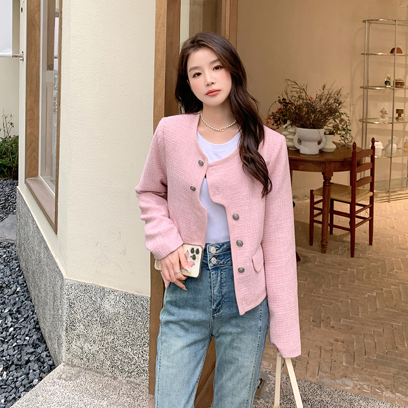 粉色不规则设计感小香风外套女2023秋新款今年流行小个子爆款上衣,女装短外套,2C053