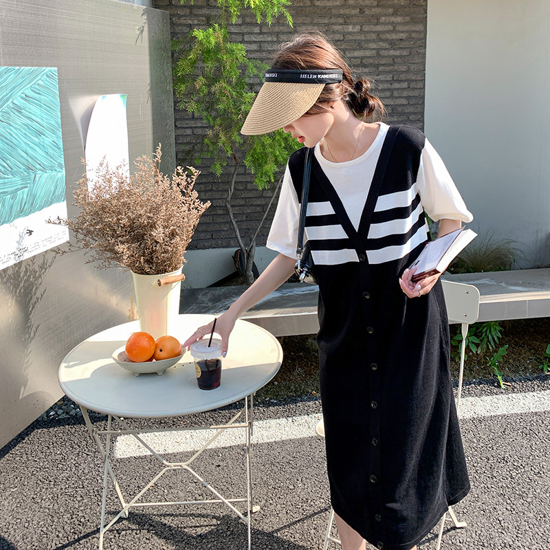 韩系条纹拼接假两件连衣裙女2025夏季新款宽松遮肚休闲减龄T恤裙,女装连衣裙,2C167
