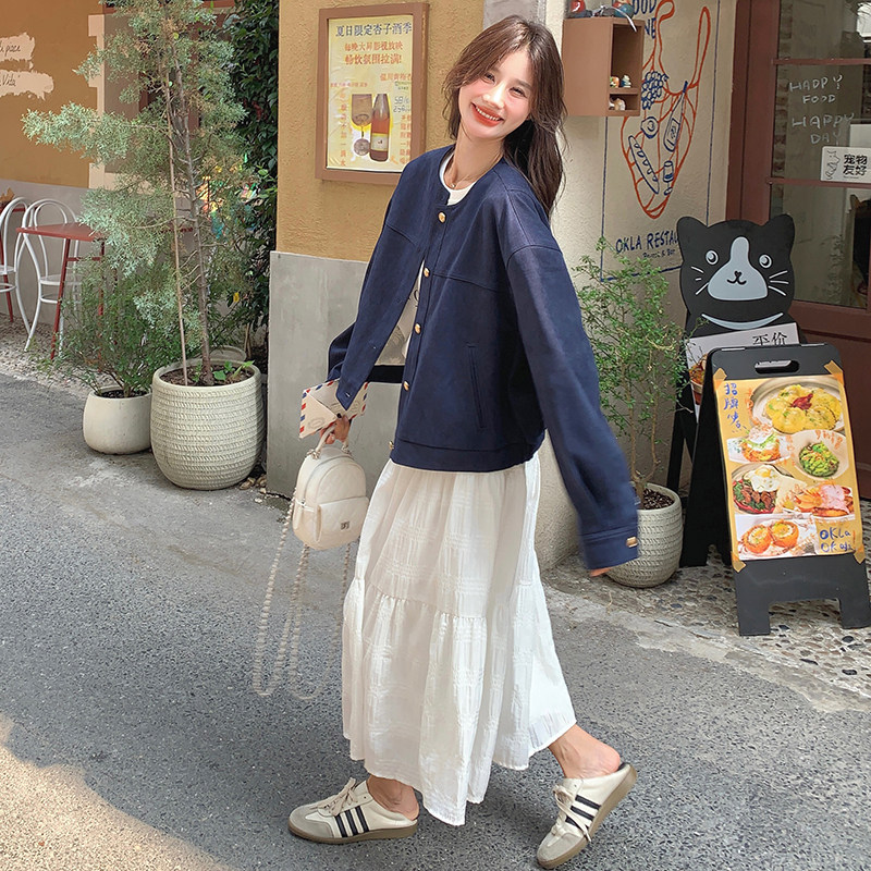 韩系休闲时尚圆领夹克外套女2025秋新款小个子设计感宽松减龄上衣,女装短外套,2C166