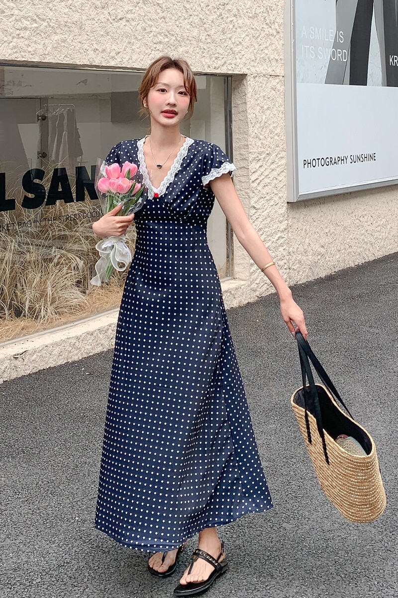 波点修身名媛长裙拼接复古美式拼接显瘦连衣裙夏季碎花气质时尚,女装连衣裙,2C212