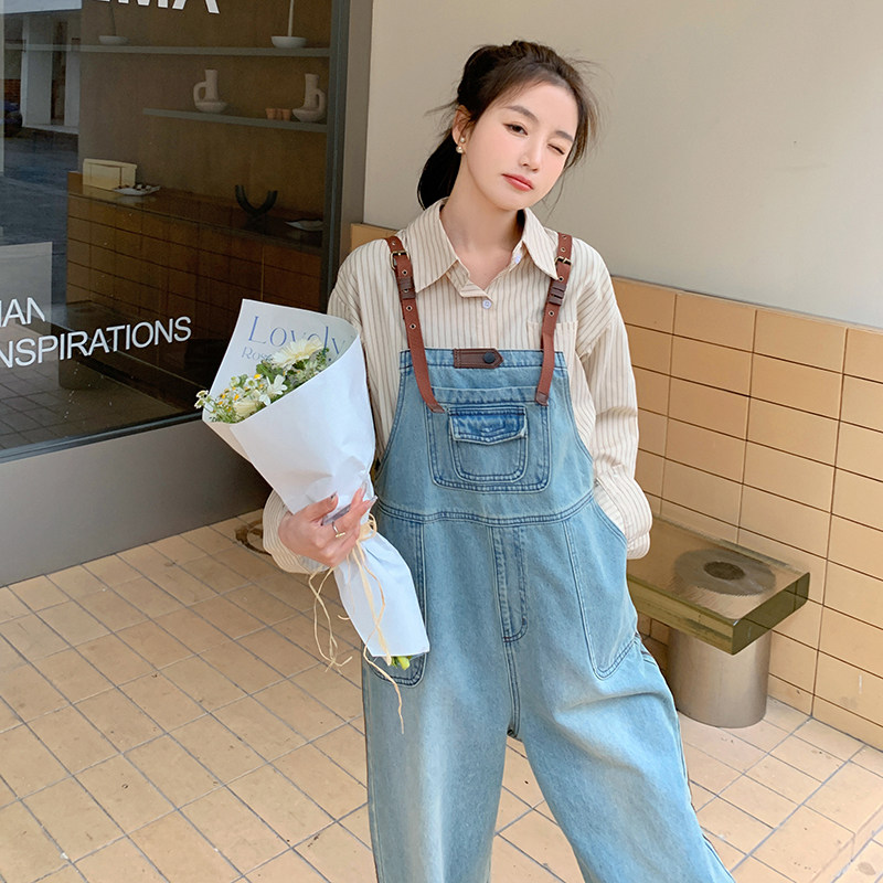 奶系牛仔背带裤女小个子2025春秋新款韩系设计感小众宽松休闲长裤,女装连体裤,2C122