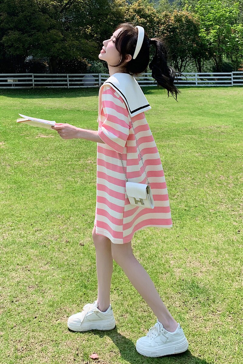 主推大货出夏季条纹海军领连衣裙2C032827P95K148,女装连衣裙,2C032