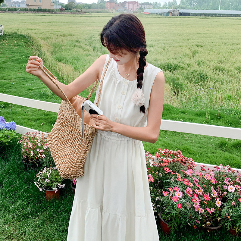 法式温柔风白色无袖连衣裙女2024夏季新款高级感宽松显瘦仙女裙子,女装连衣裙,2C107