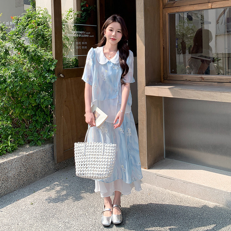 夏季新品扎染绣花减龄仙女裙套装娃娃领2C2851816P145K218,女装套装/套裙,2C285
