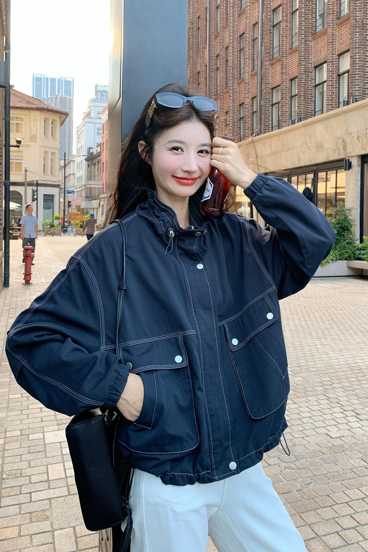 深蓝色明线拼接夹克短款外套女2025春秋季新款韩版显瘦工装冲锋衣,女装短外套,2C306