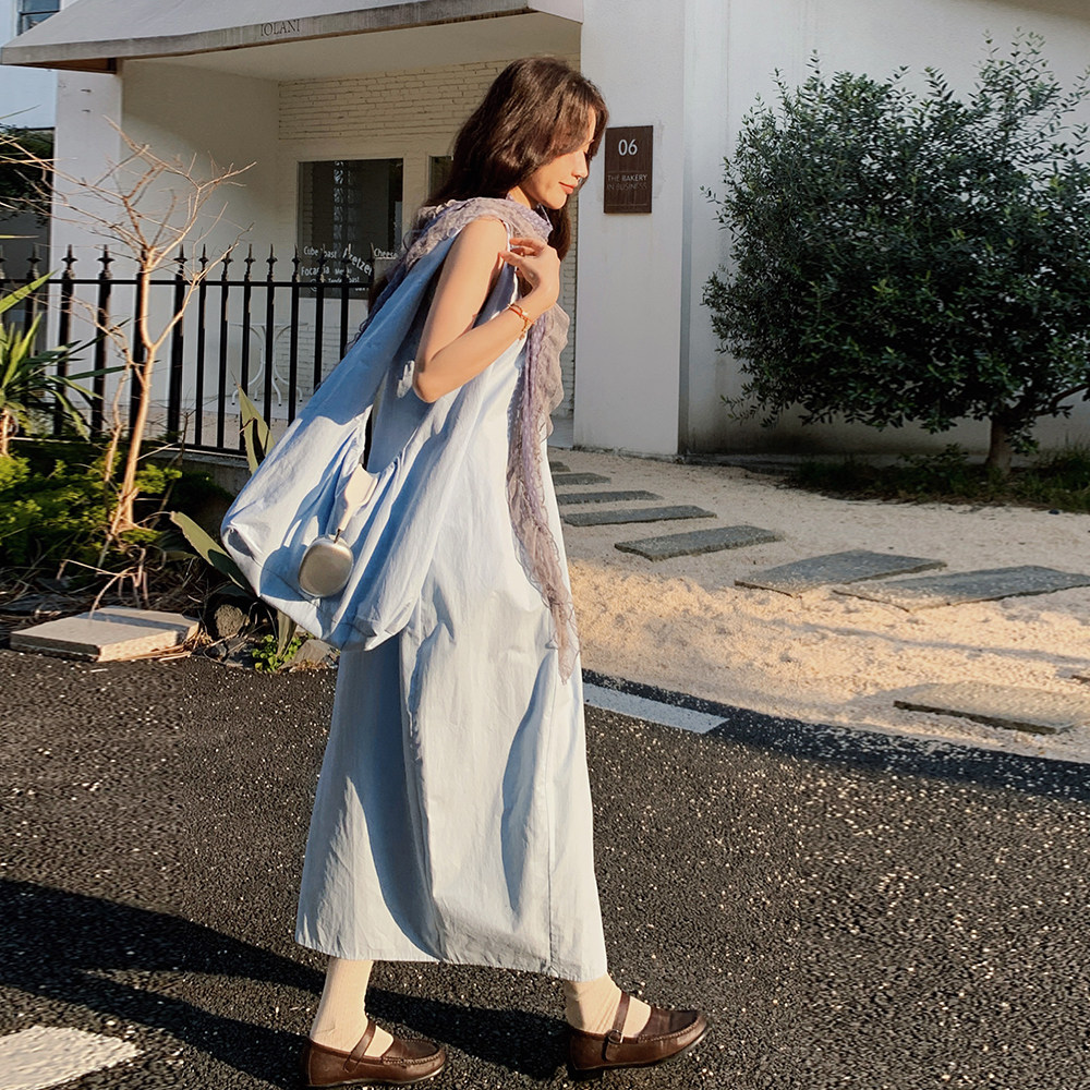 蓝色韩系简约休闲无袖连衣裙女2025夏季新款时尚松弛感时髦背心裙,女装连衣裙,2C135
