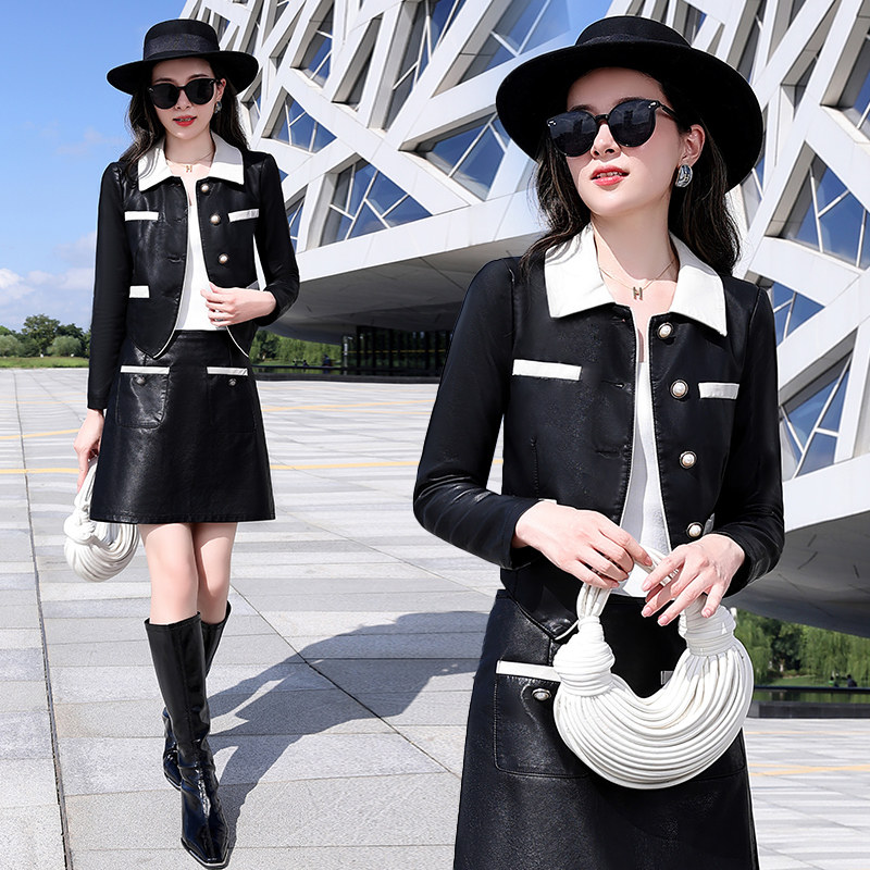 小皮衣套装女春秋2025新款欧货短款皮夹克时尚收腰机车服女装皮衣,女装皮衣,自然秀