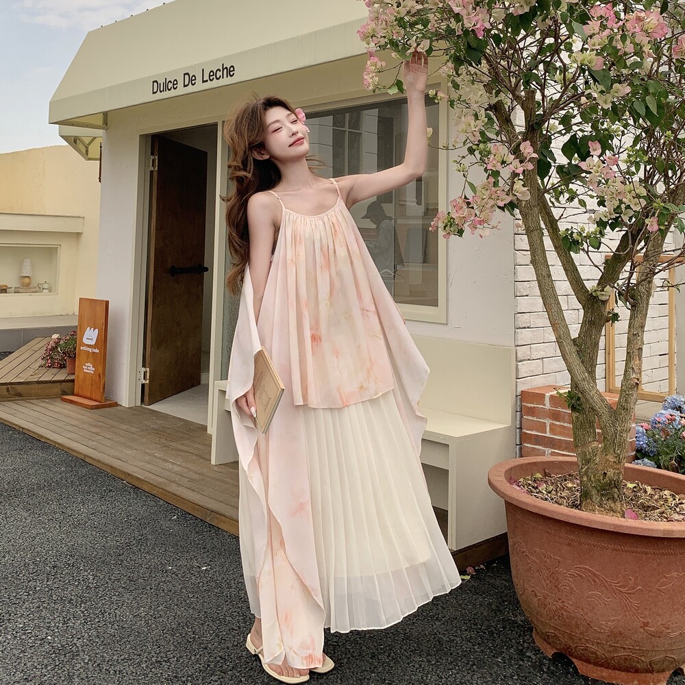法式温柔风雪纺印花吊带裙女2025年夏季新款超好看仙气绝美连衣裙,女装连衣裙,2C290