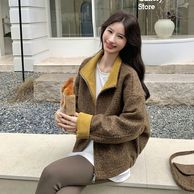 美拉德撞色羊羔毛外套女秋冬2025新款设计小个子气质巨好看棉服,女装毛呢外套,2C159