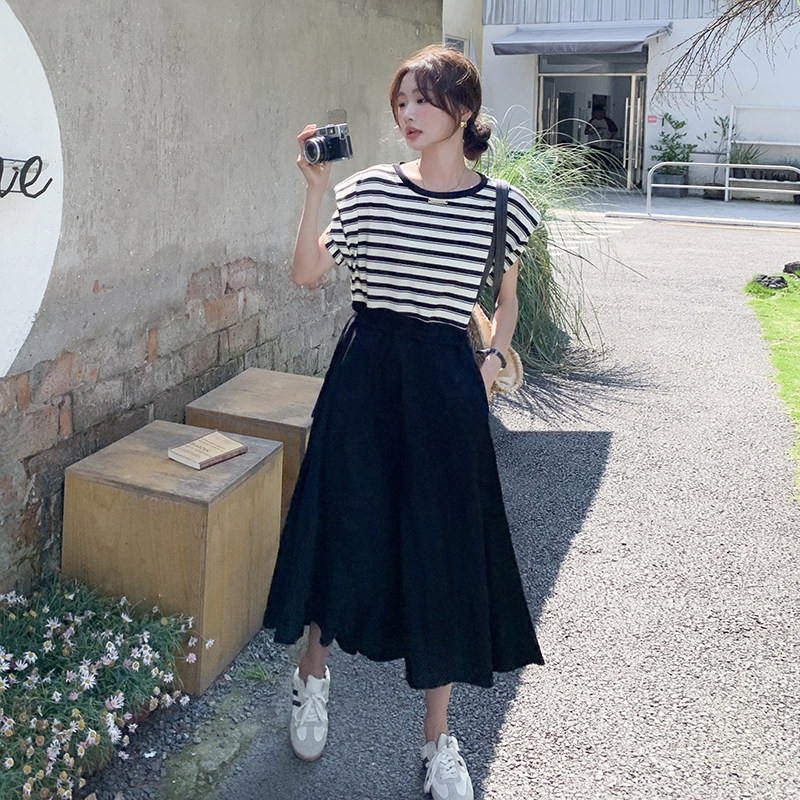 条纹拼接假两件连衣裙女2025年夏季新款法式高级感收腰显瘦a字裙,女装连衣裙,2C098