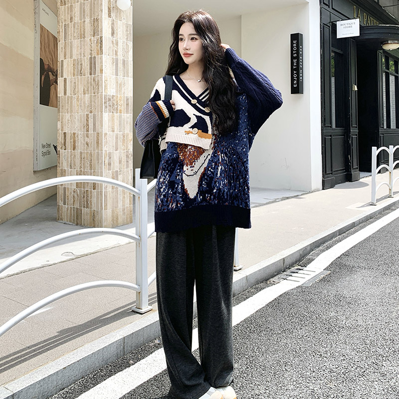撞色拼接设计感毛衣女冬季新款V领复古慵懒宽松小个子针织毛衣,针织衫/毛衣,2C238
