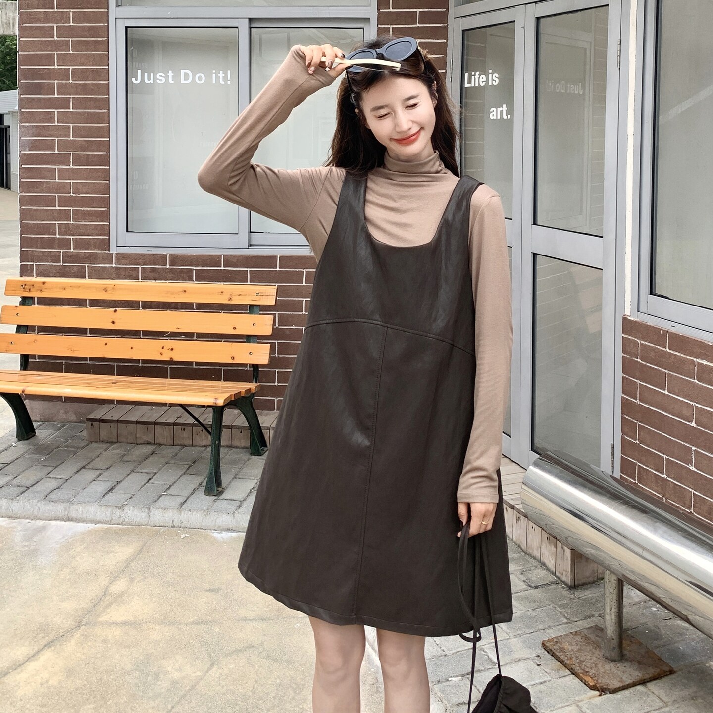 咖色针织打底衫皮背心连衣裙两件套女秋季2025新款小个子流行爆款,女装套装/套裙,2C135