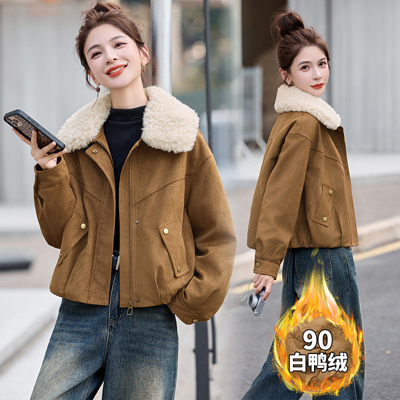 现货主推25冬装新款麂皮羽绒服毛领可脱卸90绒短款外套羽绒服图片