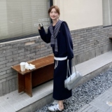 韩系学院条纹披肩藏青色卫衣半身裙套装女秋季2025新款休闲两件套，女装套装/套裙，2C375