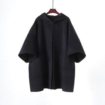 轻松时髦加厚重磅梭织双面羊绒手缝廓形宽松连帽斗篷大衣休闲外套