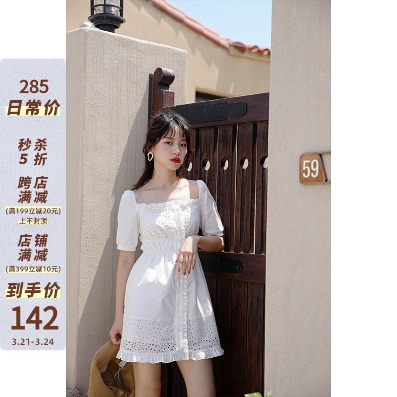 MICHELLLYMO style advanced sensational white hollowed-out lace with back square collar short sleeve retro foreign dress
