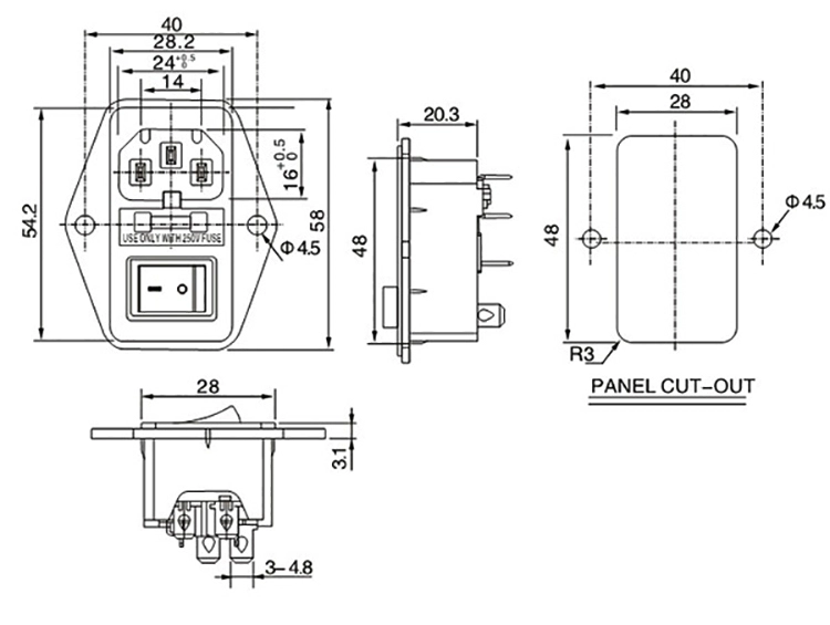 Ổ cắm điện CCC có hộp cầu chì 5A kèm công tắc đèn báo KCD1-104N cố định tai hình thang