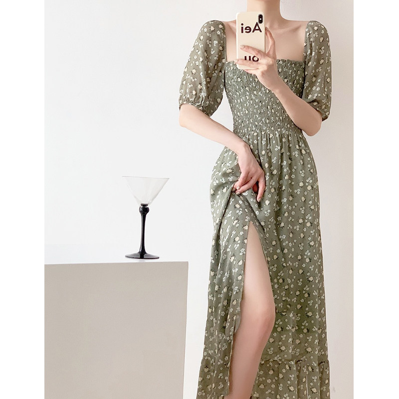 HICECI court wind retro dress French square bubble sleeve cross - crushed flower female spring summer