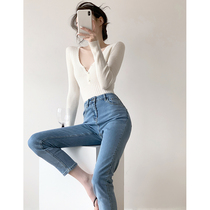 HICECI quickly rebound memory cotton small foot jeans woman Spring and Autumn thin thin low waist tight fitness