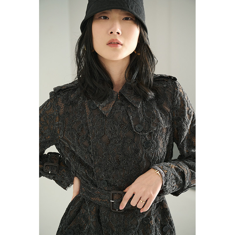 Small worm day * This imported silk suede lace series with long version of wind coat jacket detachable belt Eugen yarn inner lining