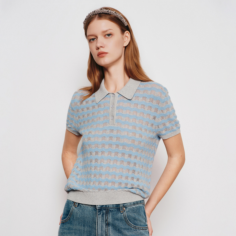 Little Bug's "Summer Waves" Miu-Style Preppy Cotton Nylon Blend Navy Wave Stripe Knit Polo Shirt Little Bug's "Summer Waves" Miu-Style Preppy Cotton Nylon Blend Navy Wave Stripe Knit Polo Shirt