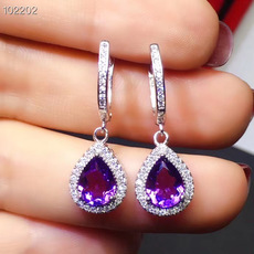 Серьги s925银镶天然紫水晶耳钉耳扣精致时尚漂亮紫色6*8mm水滴超美百搭 Xin Cheng