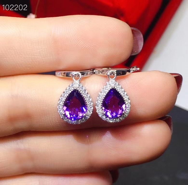 Серьги s925银镶天然紫水晶耳钉耳扣精致时尚漂亮紫色6*8mm水滴超美百搭 Xin Cheng