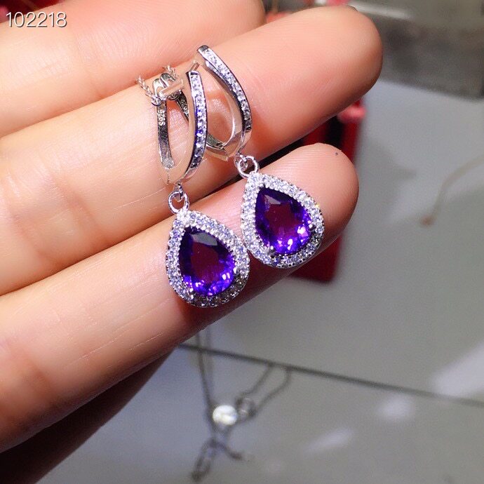 Серьги s925银镶天然紫水晶耳钉耳扣精致时尚漂亮紫色6*8mm水滴超美百搭 Xin Cheng