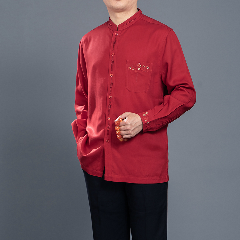 Baifulong men's Tang suit long-sleeved shirt new Chinese style stand-up collar embroidered shirt Dad birthday party dress