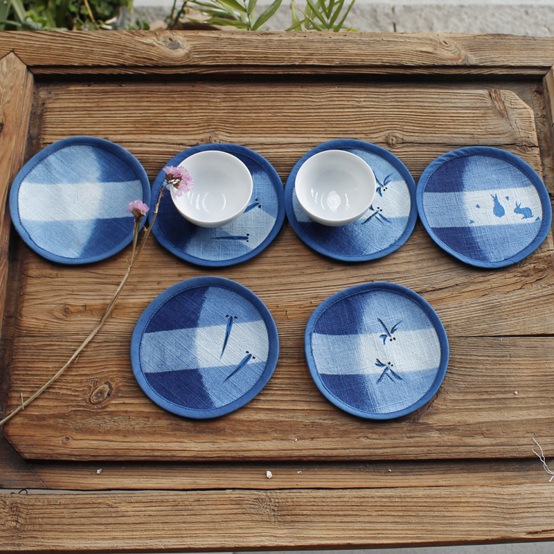 Blue Spokesperson Gas Cup Mat Tea Duct Dyeing Hand-painted Round Tea Mat Bamboo Knots Linen Insulation Mat Small Fish Rabbit Dragonfly Cotton Linen