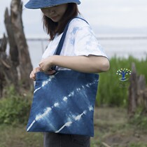 Highly recommended new handmade blue-dyed one-shoulder pure cotton canvas bag striped tie-dye eco-friendly gift bag handbag