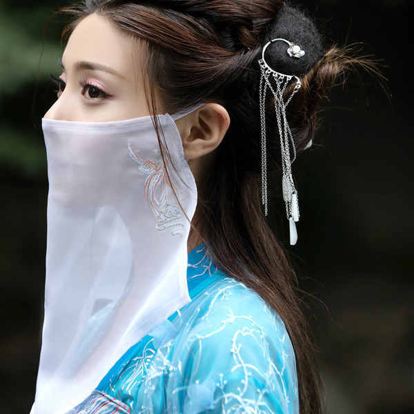 New Style Ancient Embroidery Veil Retro Hanfu Face Covering Ear-Hanging Super Fairy-Like Ancient Costume Hanfu Veil with Corner Scarf