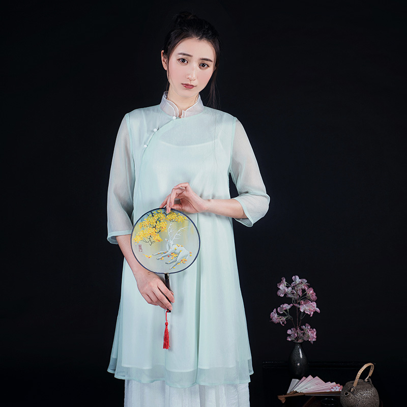 phụ nữ gió của Trung Quốc nghệ thuật trà mùa hè quần áo retro cổ áo khóa đầu được cải thiện quần áo trà Trung Quốc Tang Han quần áo của phụ nữ