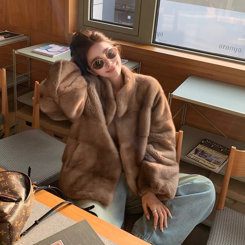 Winter Daily Luxury Imported Whole Mink Velvet Stand Collar Horizontal Striped Mink Fur Coat Women's Winter Jacket