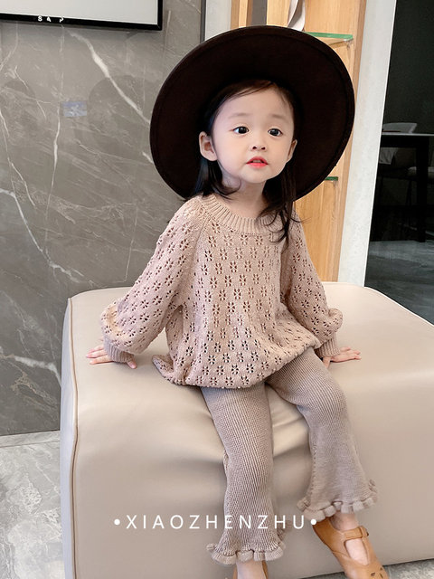 Little Pearl XZZ New Autumn and Winter Girls Knitted Mesh Jacquard Flared Ninth Pants