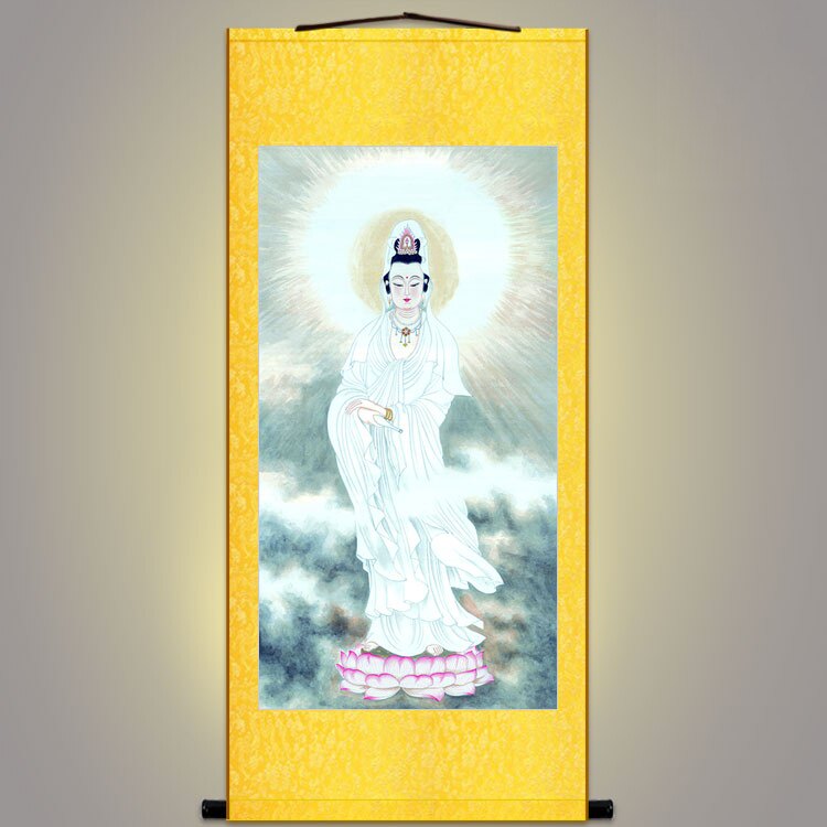 White Avalokitesvara Portrait Hanging Painting Avalokitesvara Bodhisattva Scroll Painting Buddha Hall Decoration Painting Silk Painting Customization