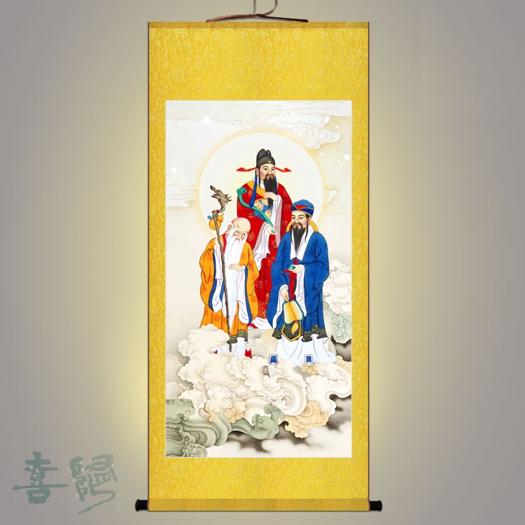 Samsung Gaozhao Fu Lu Shou Wealth God Longevity Lu Shen entrance study living room decoration painting silk hanging scroll painting