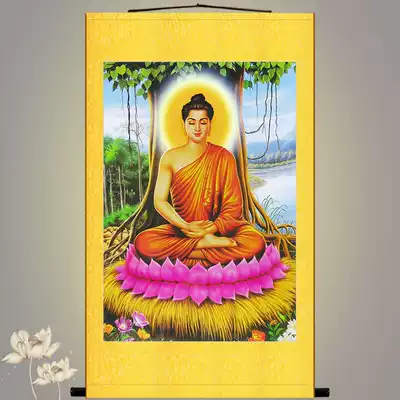Buddha painting under the Bodhi tree Shakyamuni Buddha painting painting Indian Buddhist temple living room decoration painting silk cloth scroll painting