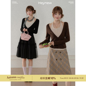 Heynew Retro Color-Block Soft and Skin-Friendly V-Neck Button Long-Sleeve Knit Top Autumn Slimming Halter Top for Women